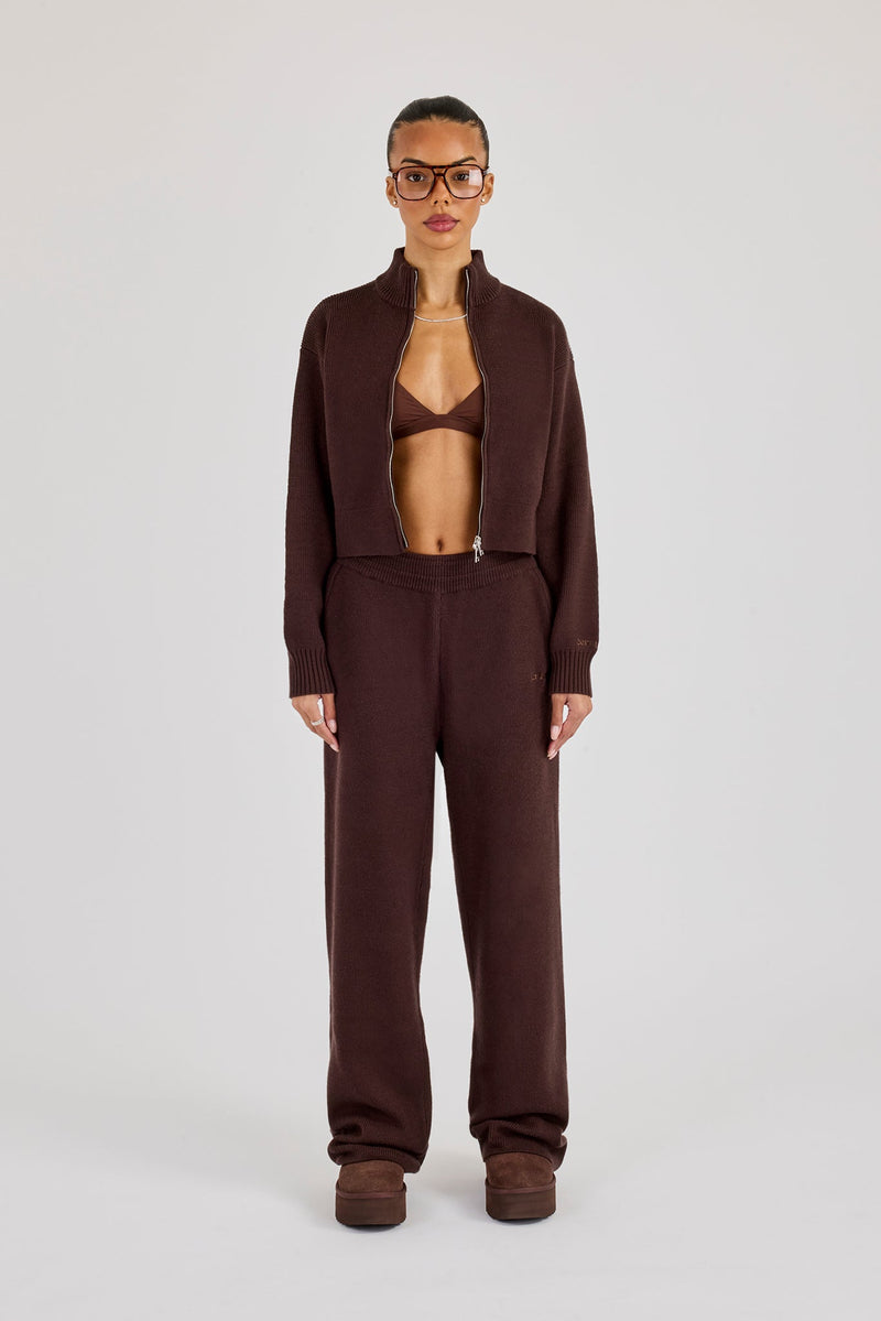 Rib Knit Zip Cropped Funnel Neck & Jogger - Brown