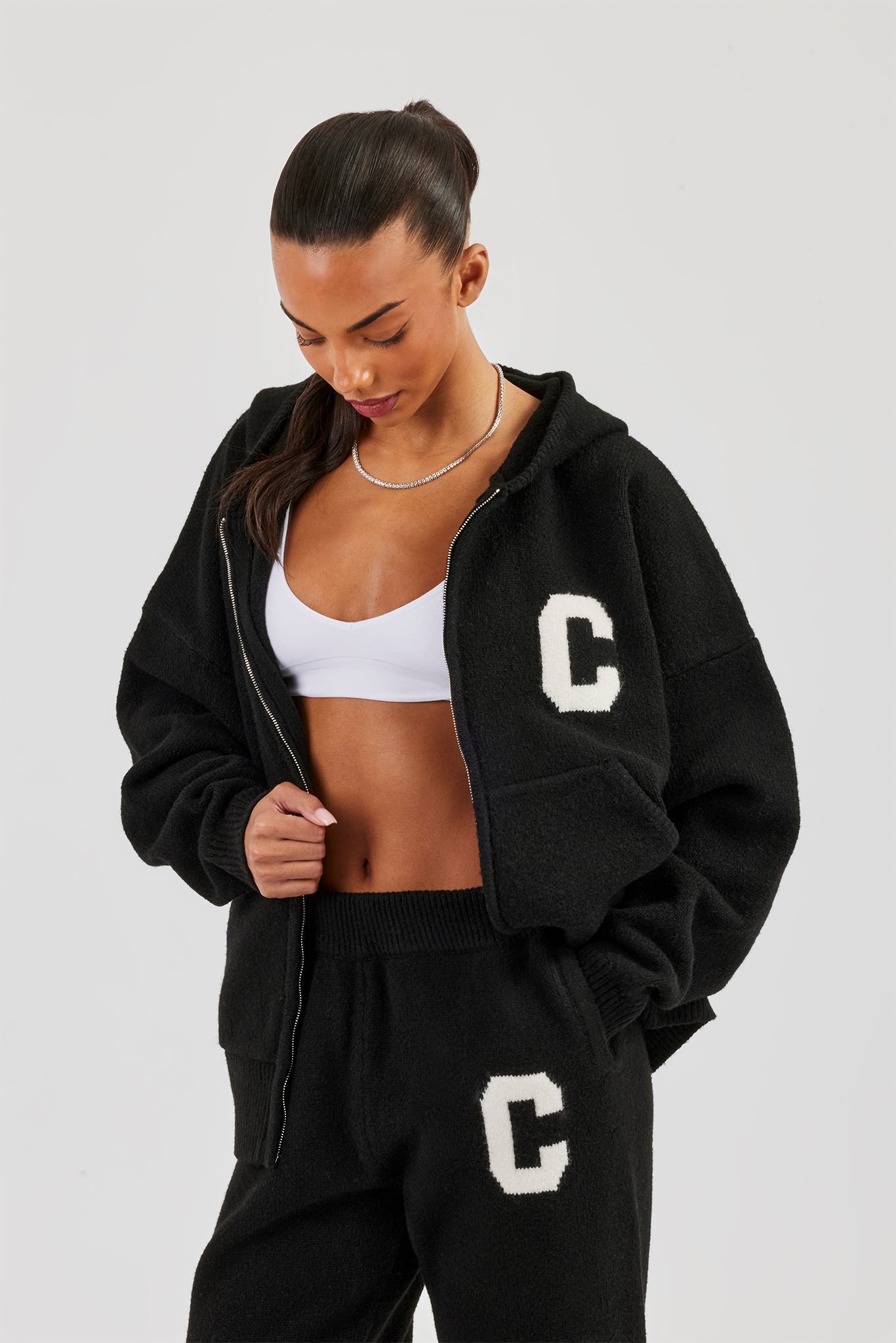 Knitted Zip Through Hoodie - Black