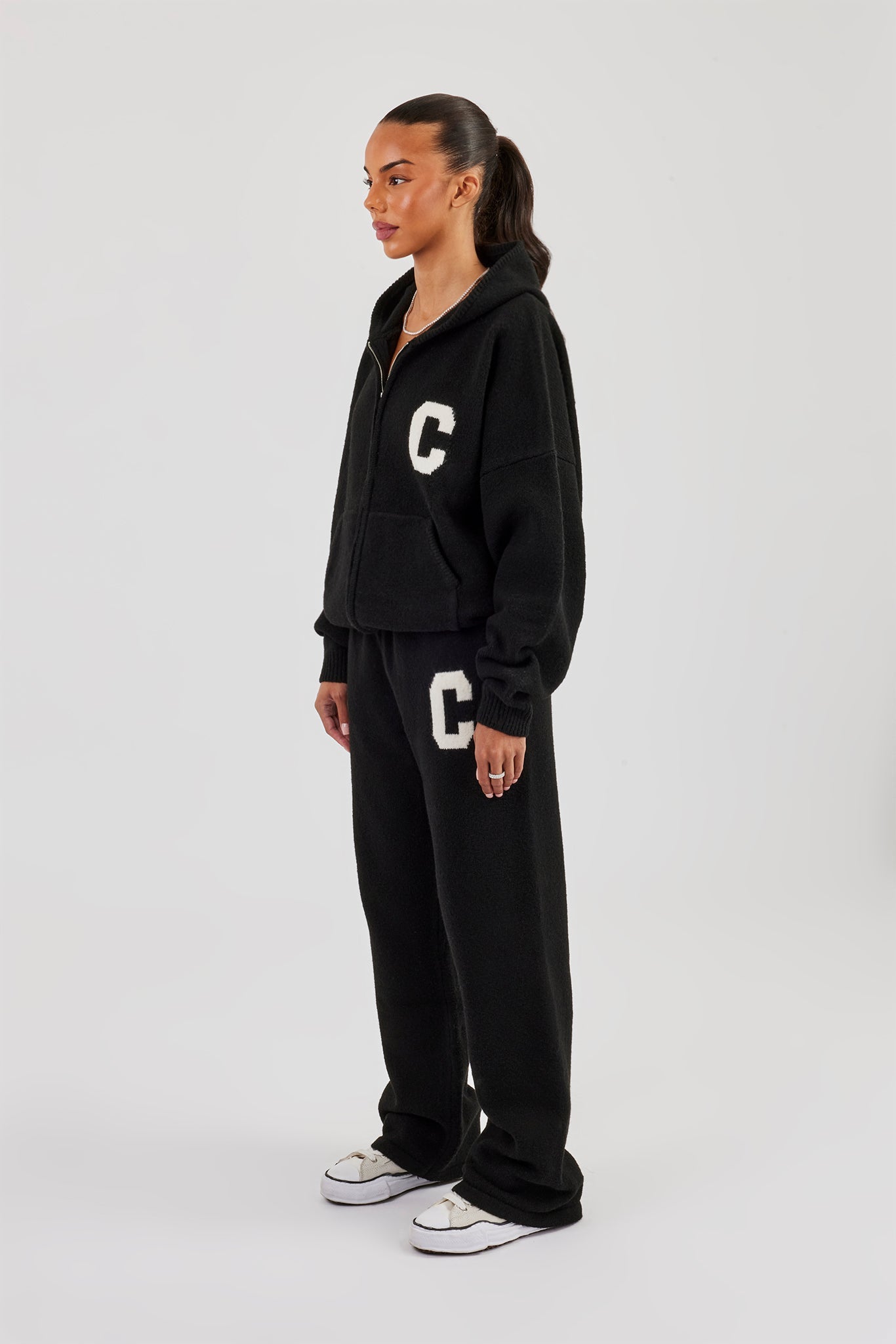 Hooded Zip Through Knitted Tracksuit - Black