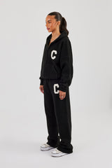 Hooded Zip Through Knitted Tracksuit - Black