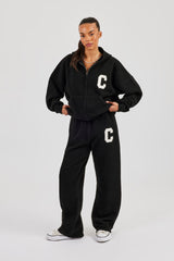 Hooded Zip Through Knitted Tracksuit - Black