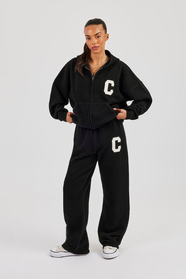 Hooded Zip Through Knitted Tracksuit - Black