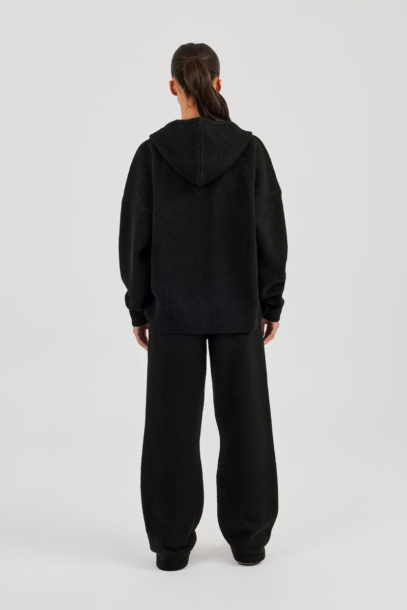 Hooded Zip Through Knitted Tracksuit - Black