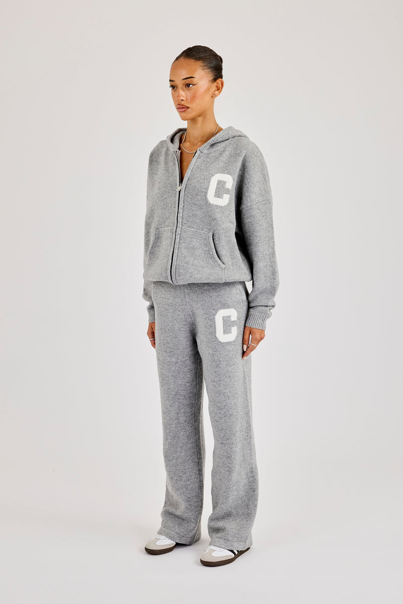 Hooded Zip Through Knitted Tracksuit - Grey