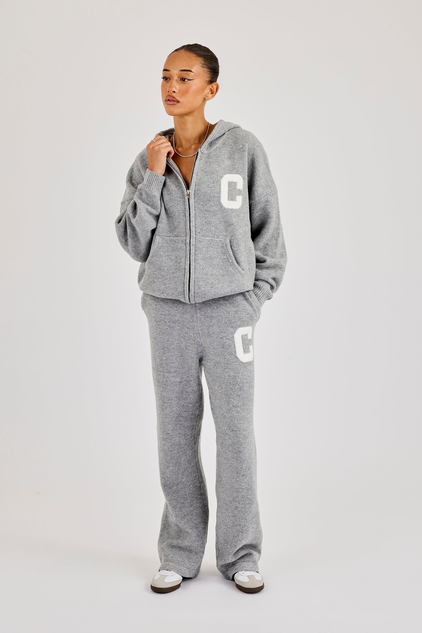 Hooded Zip Through Knitted Tracksuit - Grey | Womens Sets | Shop