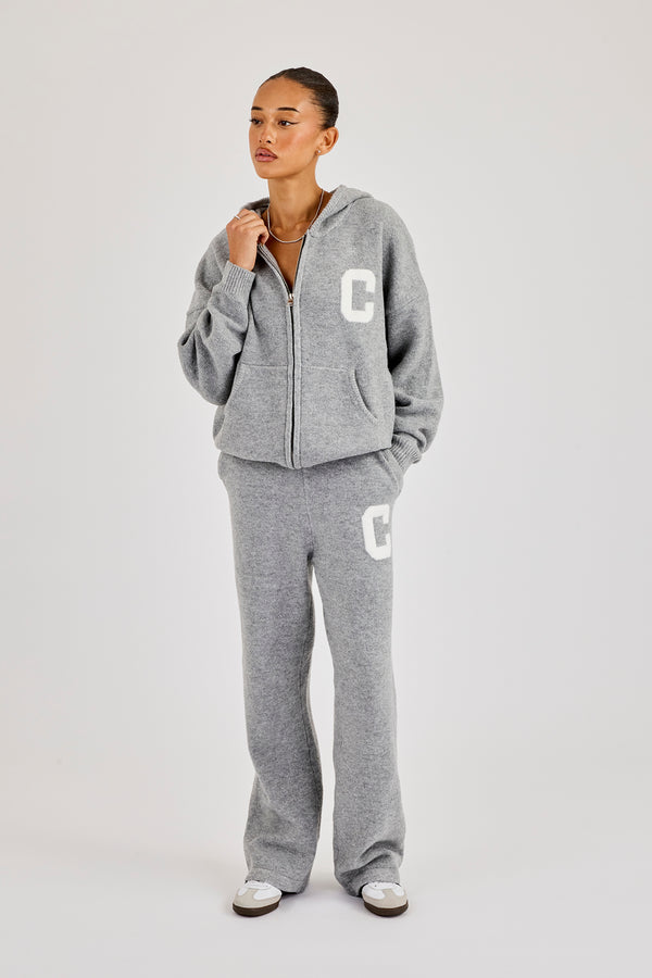 Hooded Zip Through Knitted Tracksuit - Grey