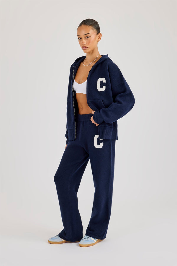 Hooded Zip Through Knitted Tracksuit - Navy