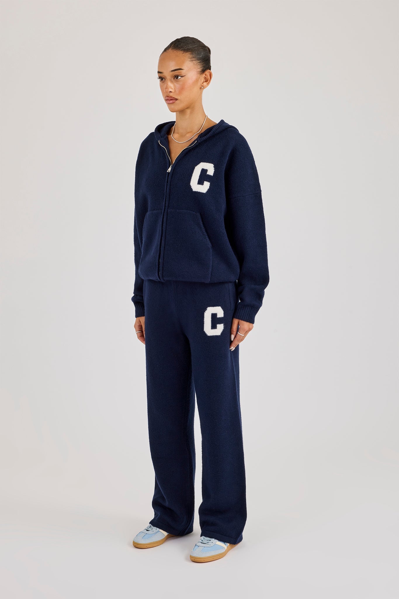 Hooded Zip Through Knitted Tracksuit - Navy