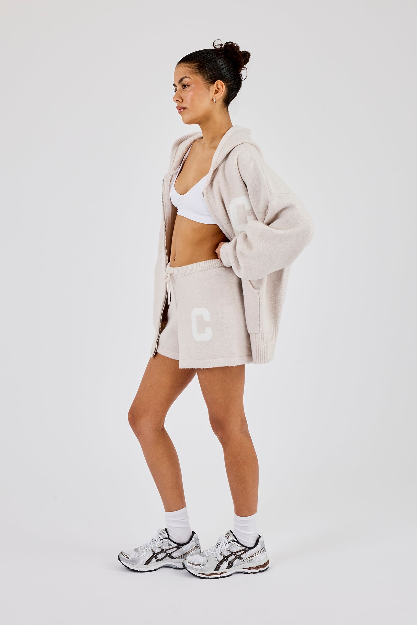 Hooded Zip Through Knitted Hoodie & Short - Oatmeal