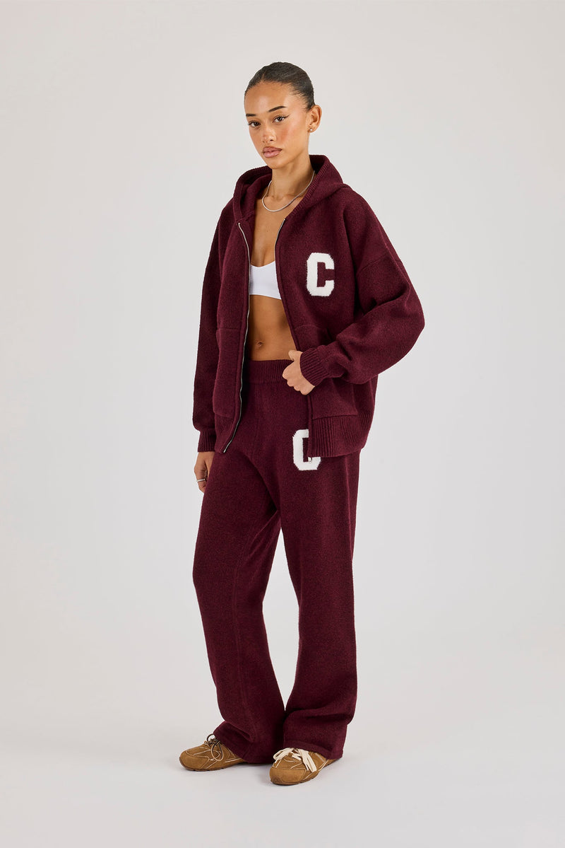 Hooded Zip Through Knitted Tracksuit - Burgundy