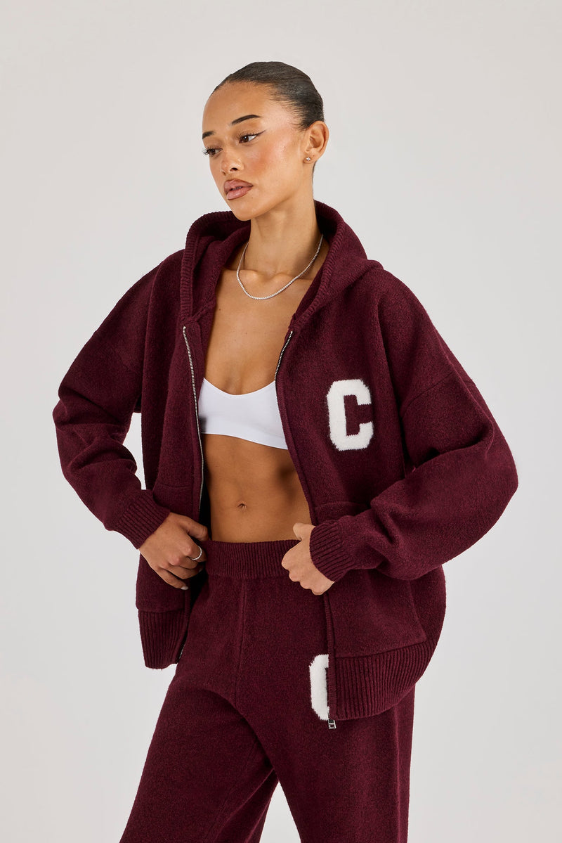 Hooded Zip Through Knitted Jumper - Burgundy