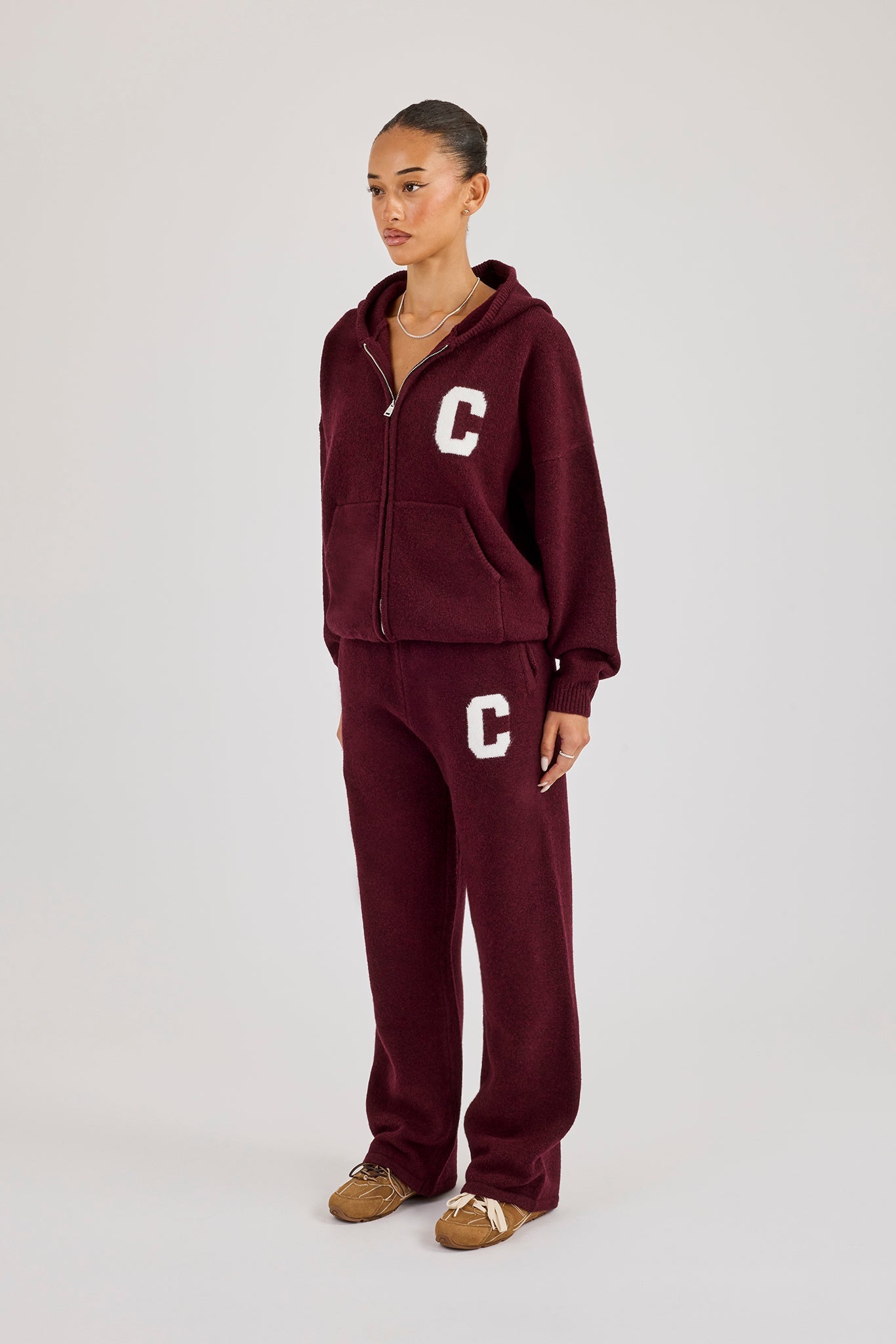 Hooded Zip Through Knitted Tracksuit - Burgundy