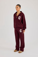 Hooded Zip Through Knitted Tracksuit - Burgundy