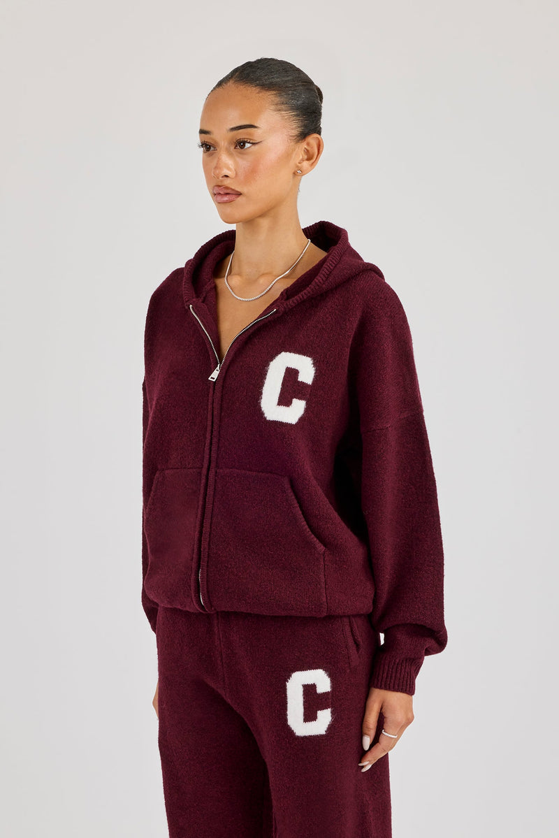 Hooded Zip Through Knitted Jumper - Burgundy