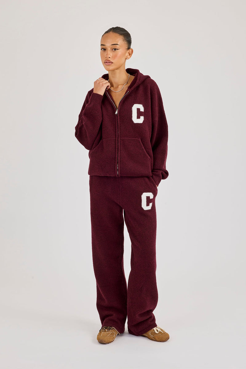 Hooded Zip Through Knitted Tracksuit - Burgundy