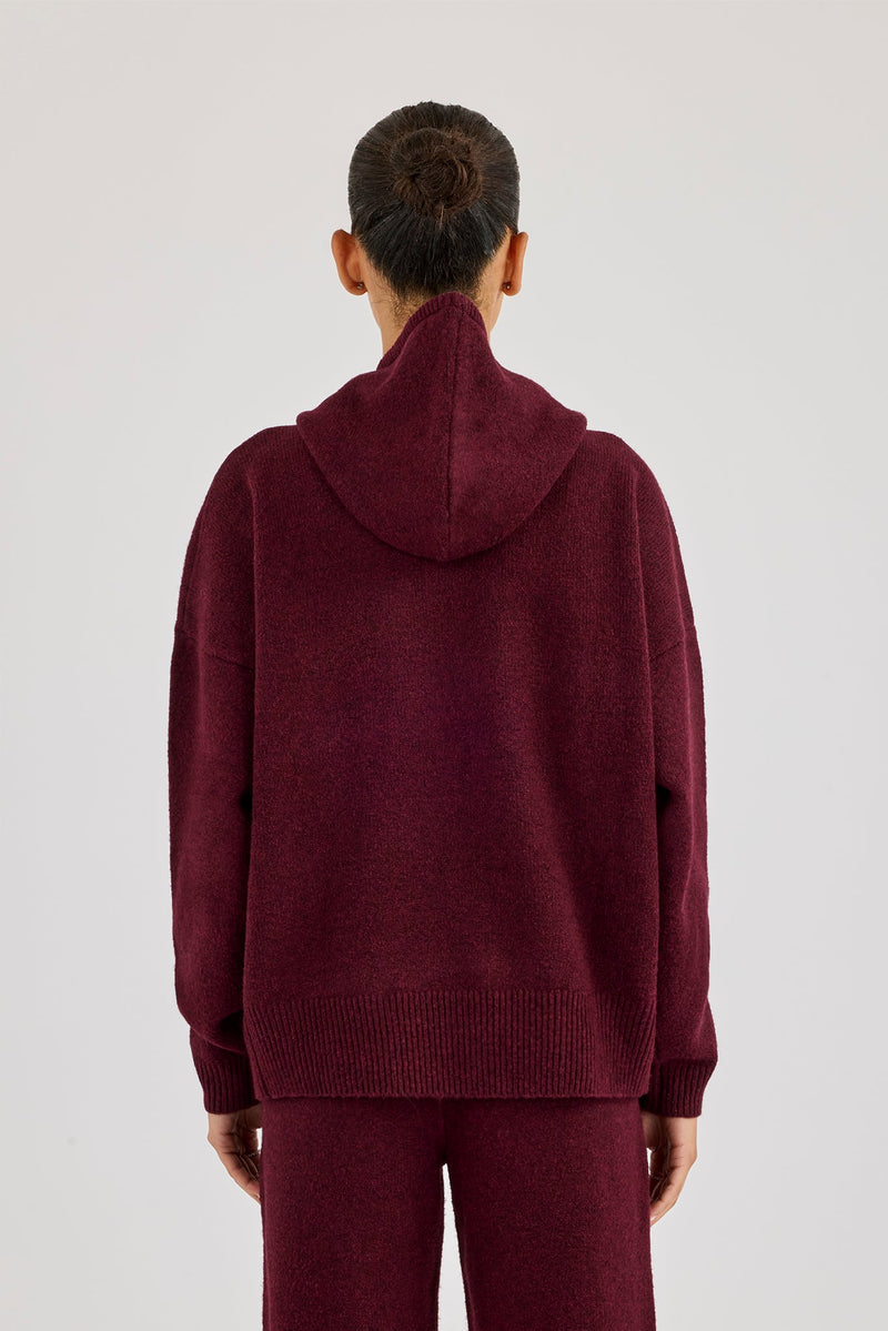 Hooded Zip Through Knitted Jumper - Burgundy