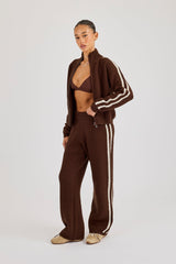Open Knit Wide Leg Jogger With Tape Detailing - Dark Brown