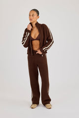 Open Knit Wide Leg Jogger With Tape Detailing - Dark Brown