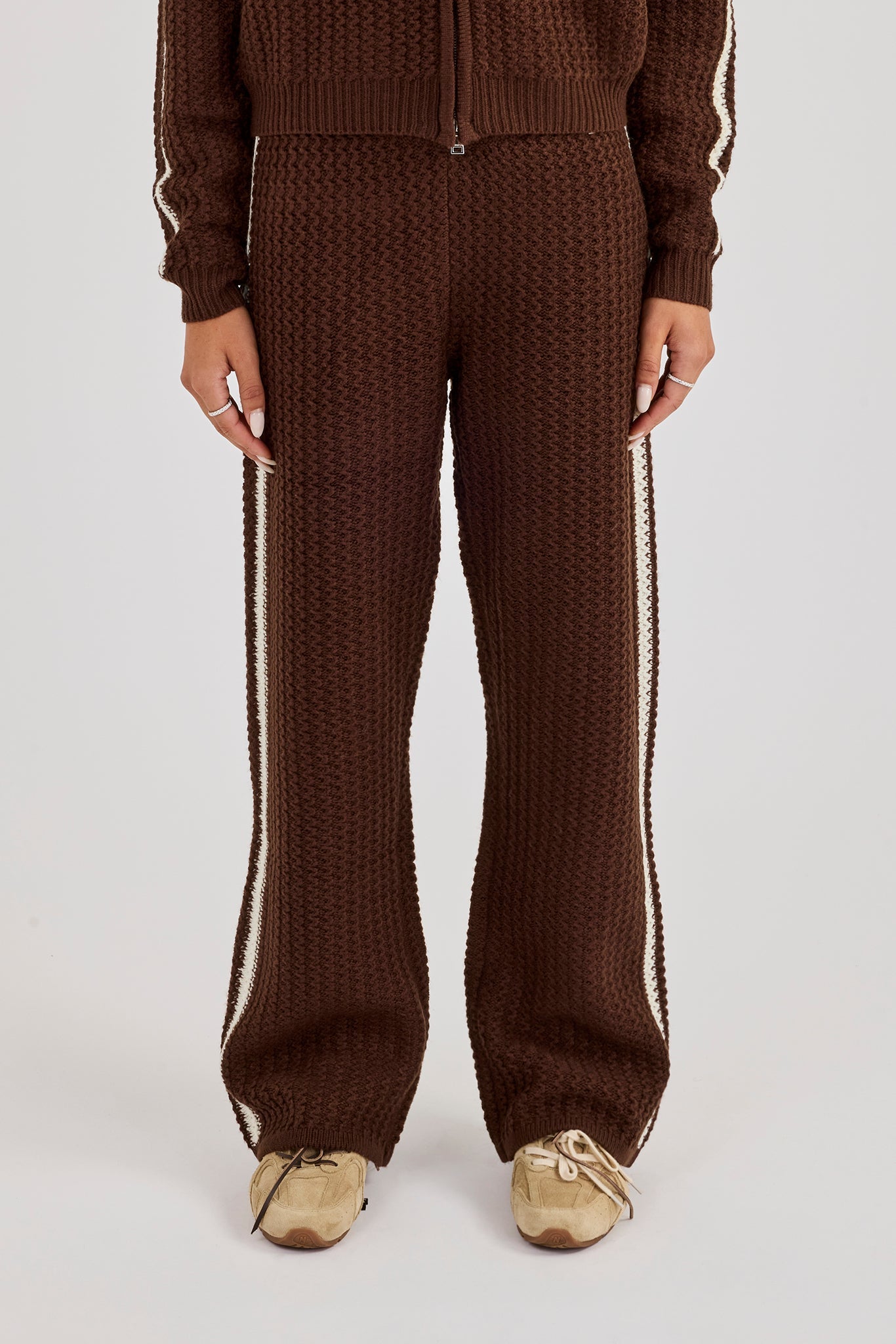 Open Knit Wide Leg Jogger With Tape Detailing - Dark Brown