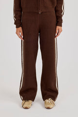 Open Knit Wide Leg Jogger With Tape Detailing - Dark Brown
