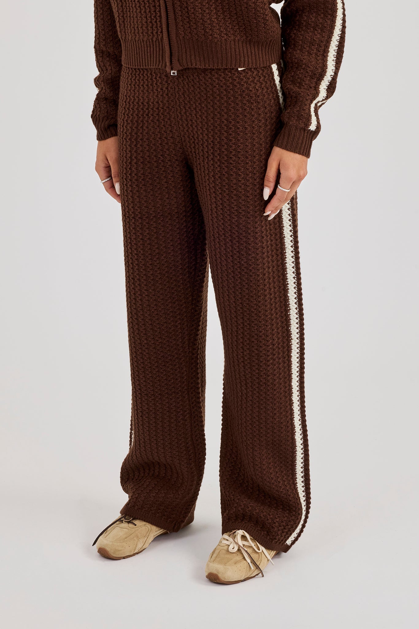 Open Knit Wide Leg Jogger With Tape Detailing - Dark Brown