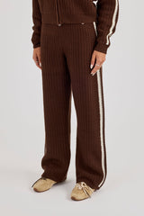 Open Knit Wide Leg Jogger With Tape Detailing - Dark Brown