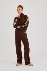 Open Knit Funnel Neck Jacket With Tape Detailing - Dark Brown