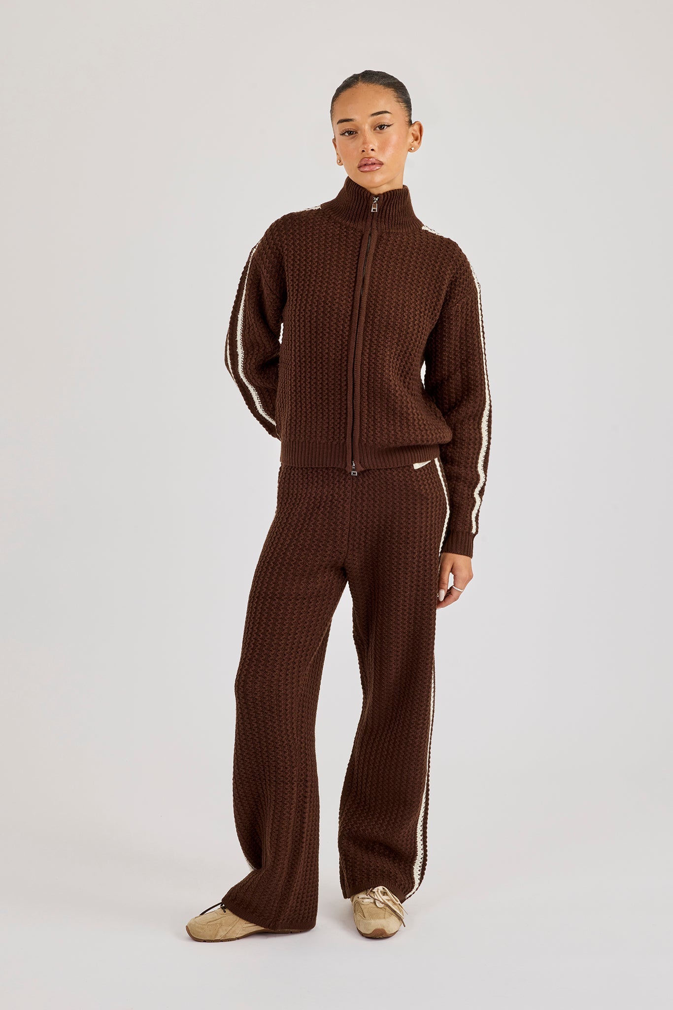 Open Knit Funnel Neck Jacket & Wide Leg Jogger With Tape Detailing - Dark Brown