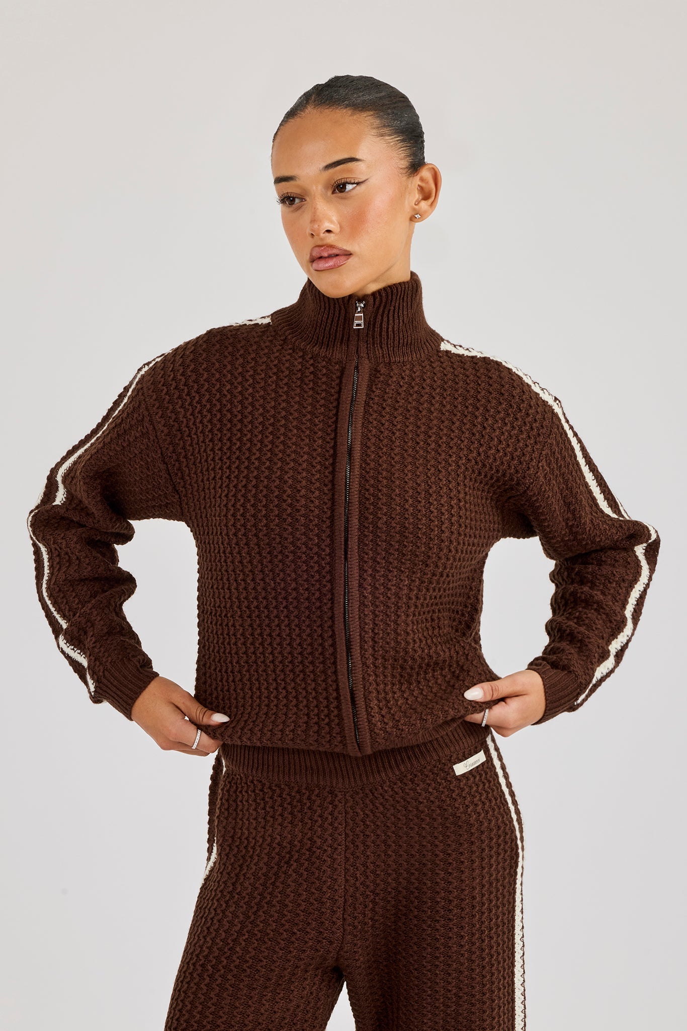 Open Knit Funnel Neck Jacket With Tape Detailing - Dark Brown
