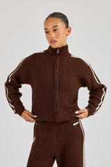 Open Knit Funnel Neck Jacket With Tape Detailing - Dark Brown