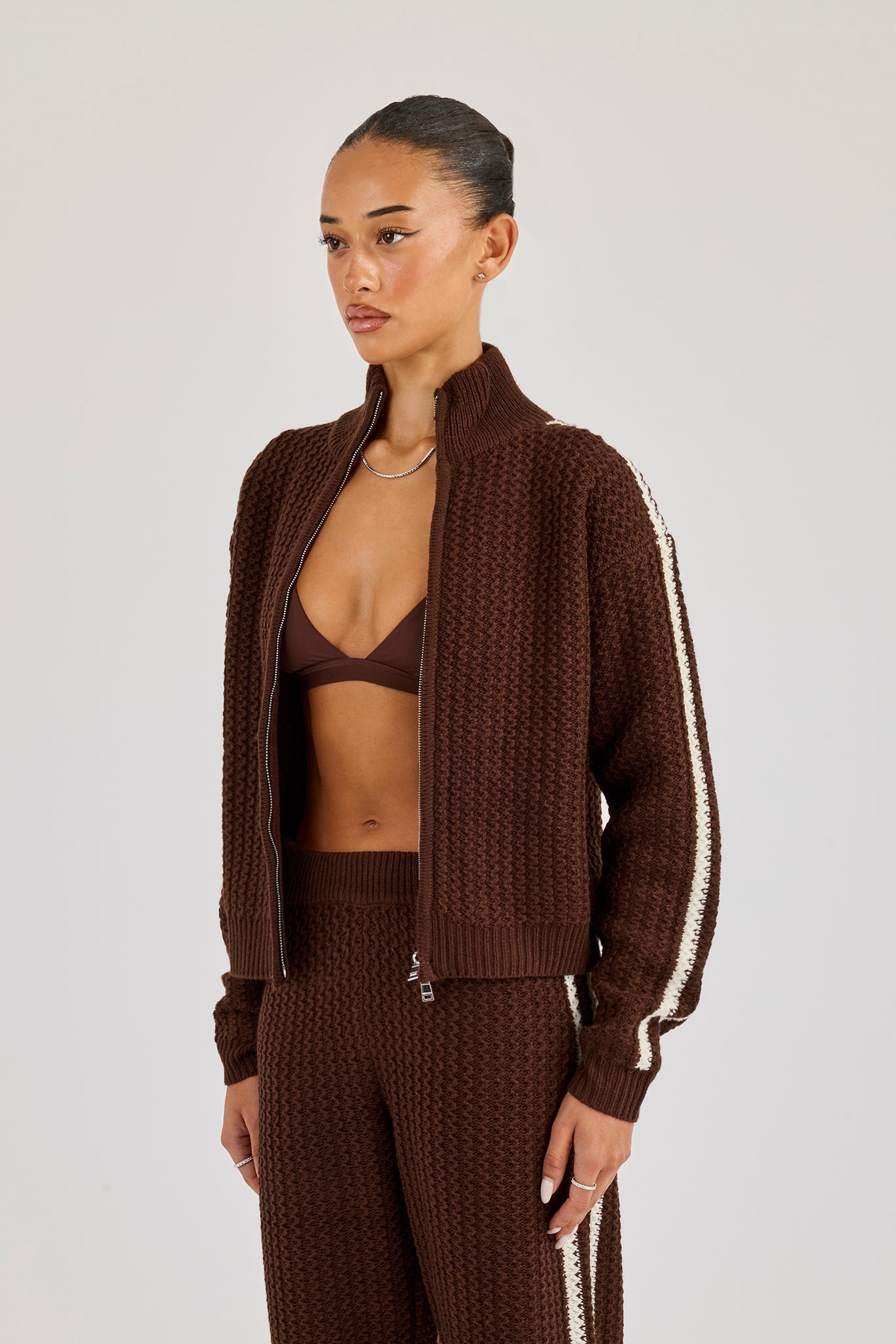Open Knit Funnel Neck Jacket With Tape Detailing - Dark Brown