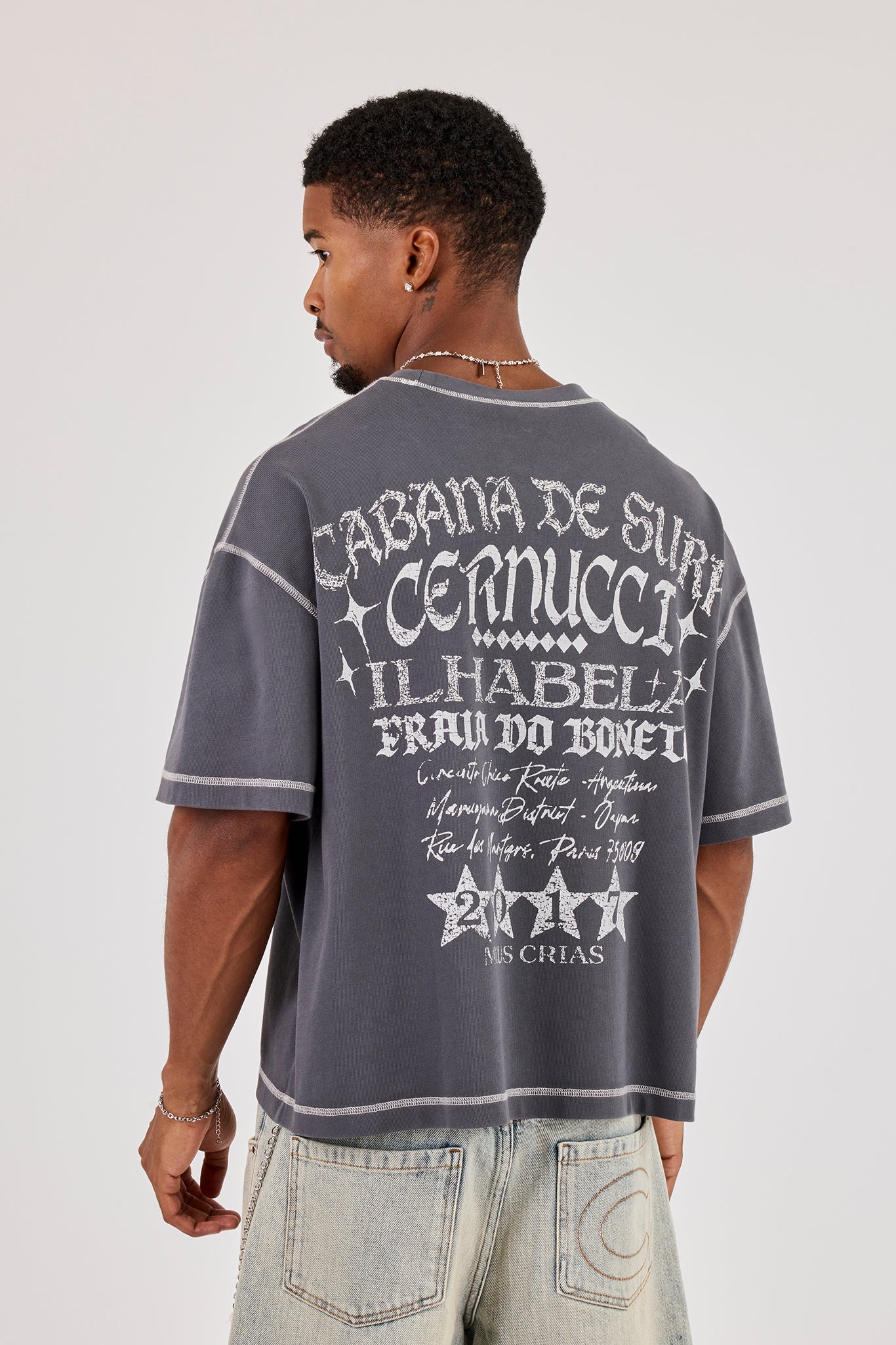 Boxy Contrast Stitch Surf Cabana T-Shirt - Dark Grey