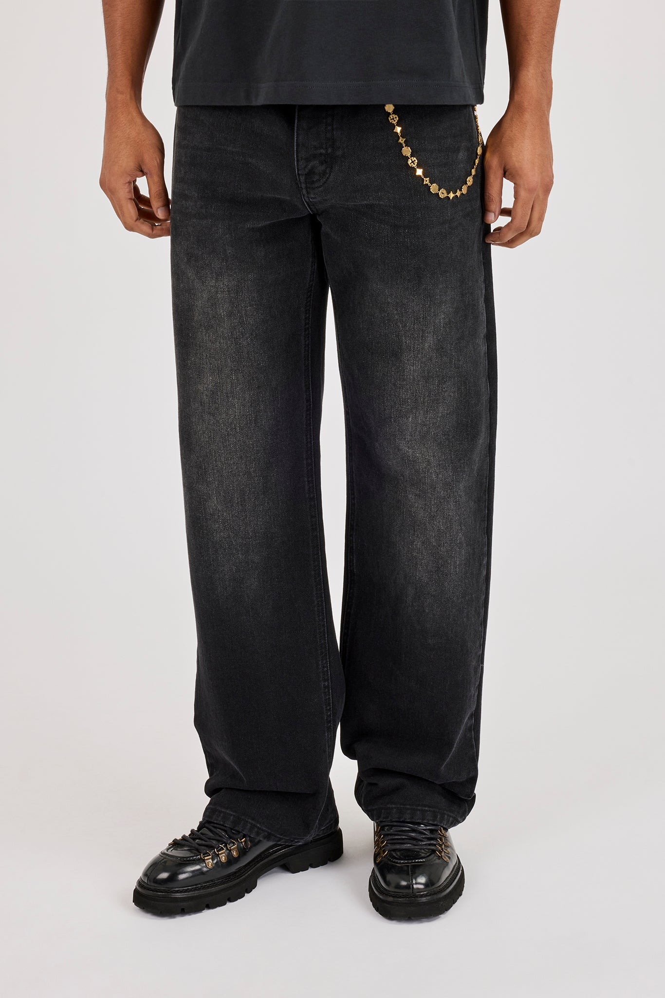 Mens Relaxed Jean & 10mm Cernucci Motif Jean Chain - Washed Black