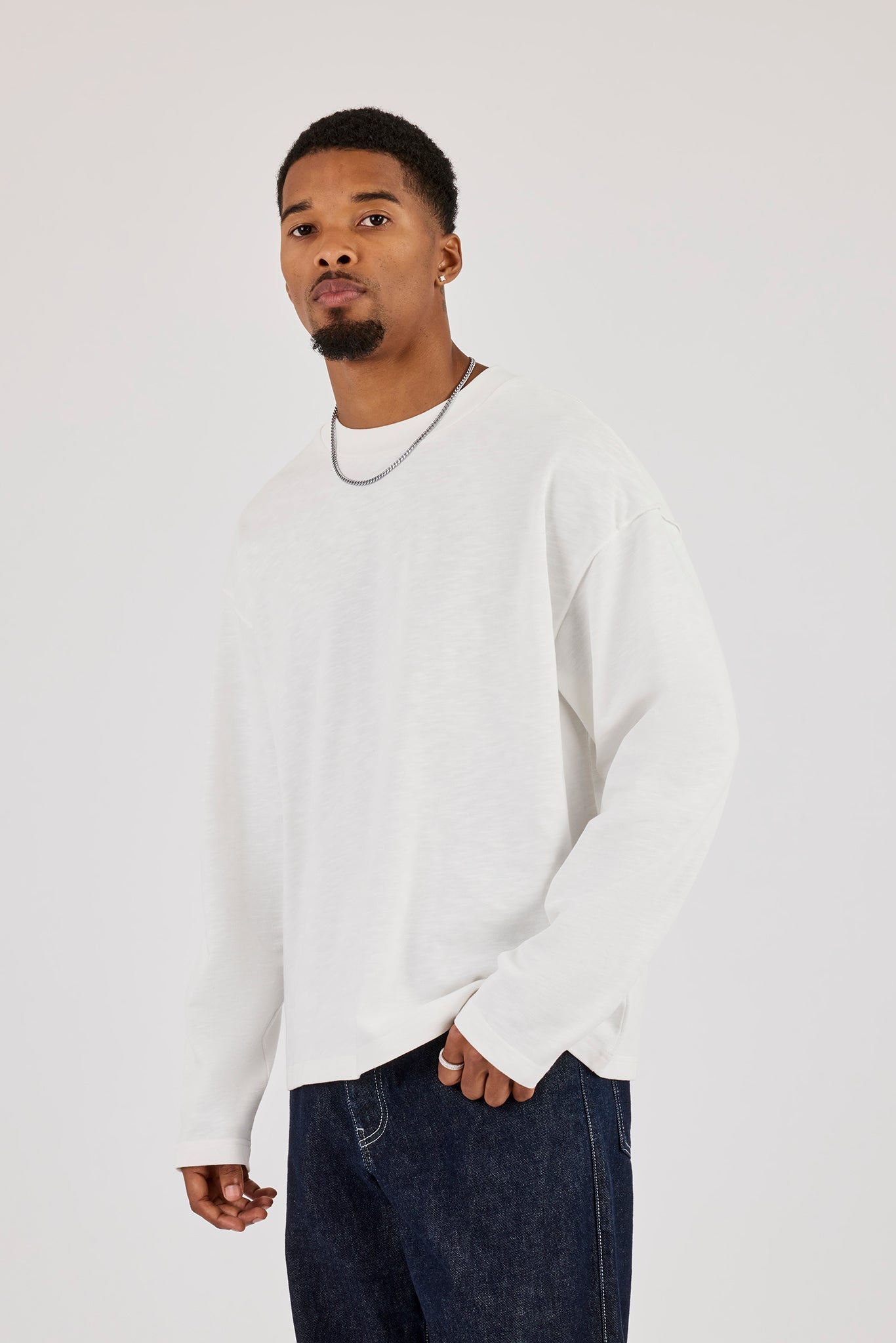 Long Sleeve Seam Detail Slub T-Shirt - White