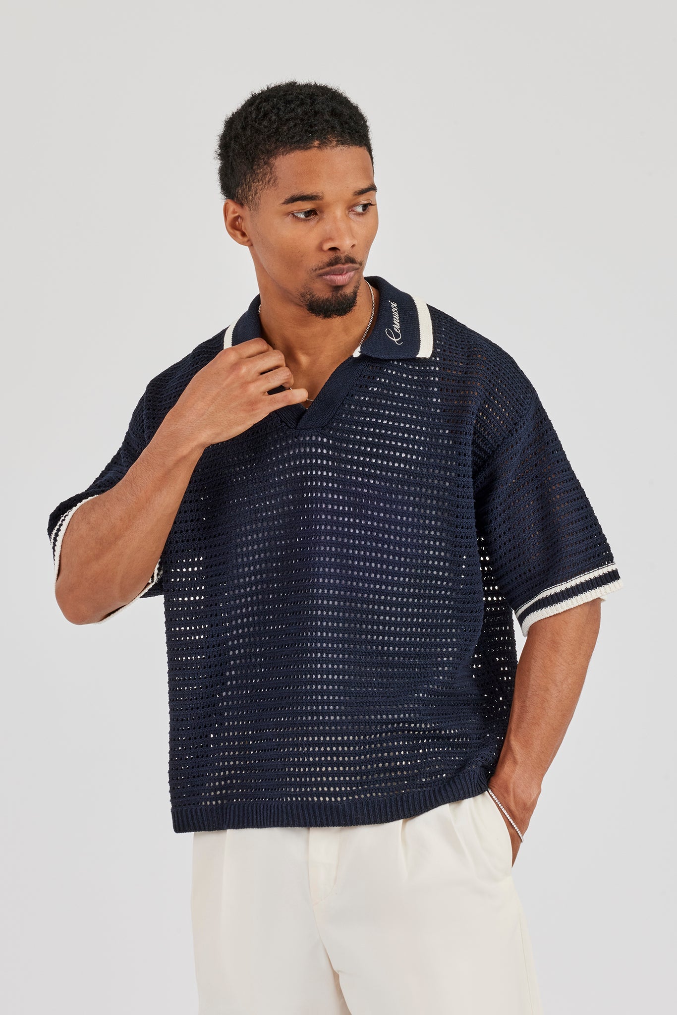 Contrast Rib Knit Polo - Navy