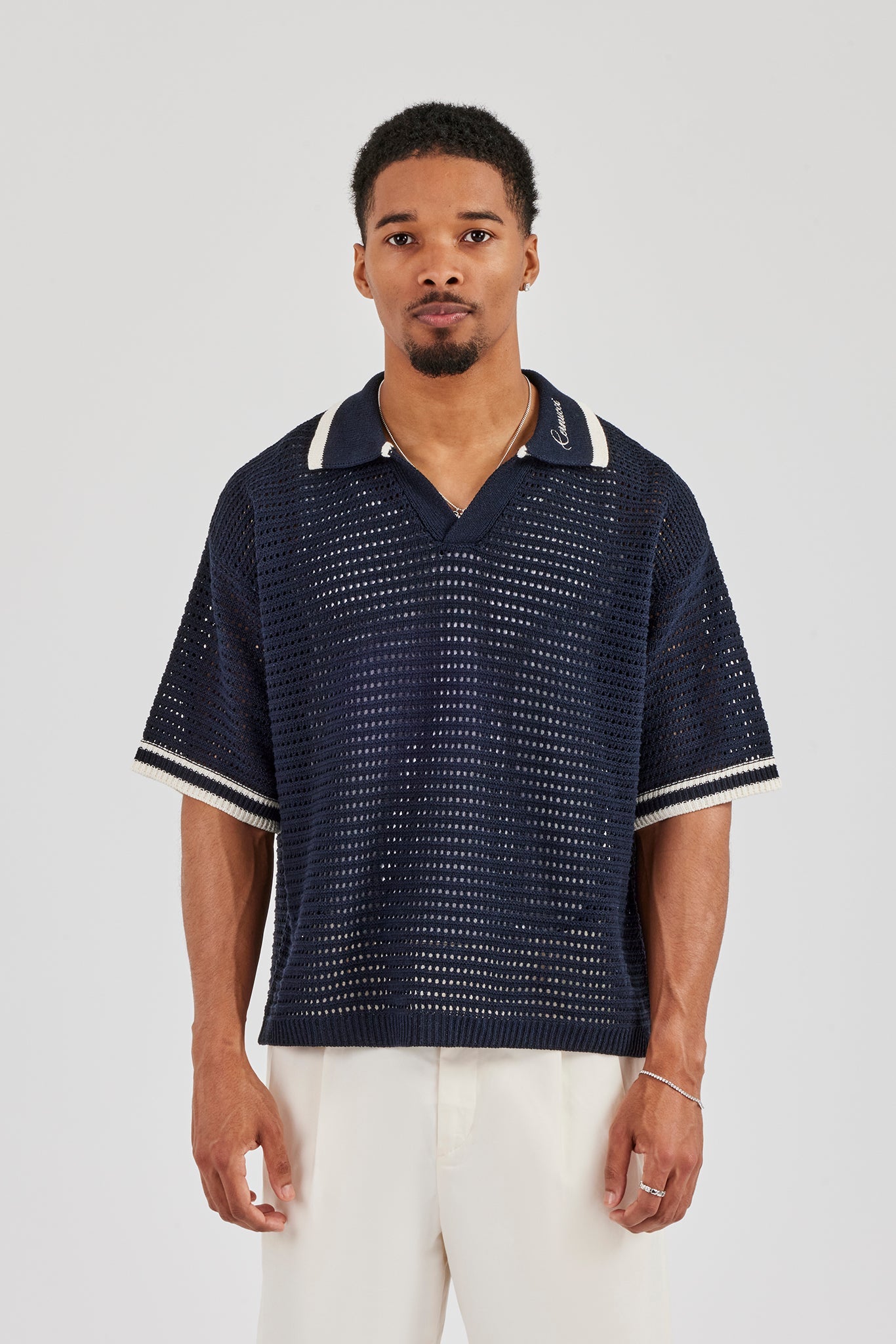 Contrast Rib Knit Polo - Navy