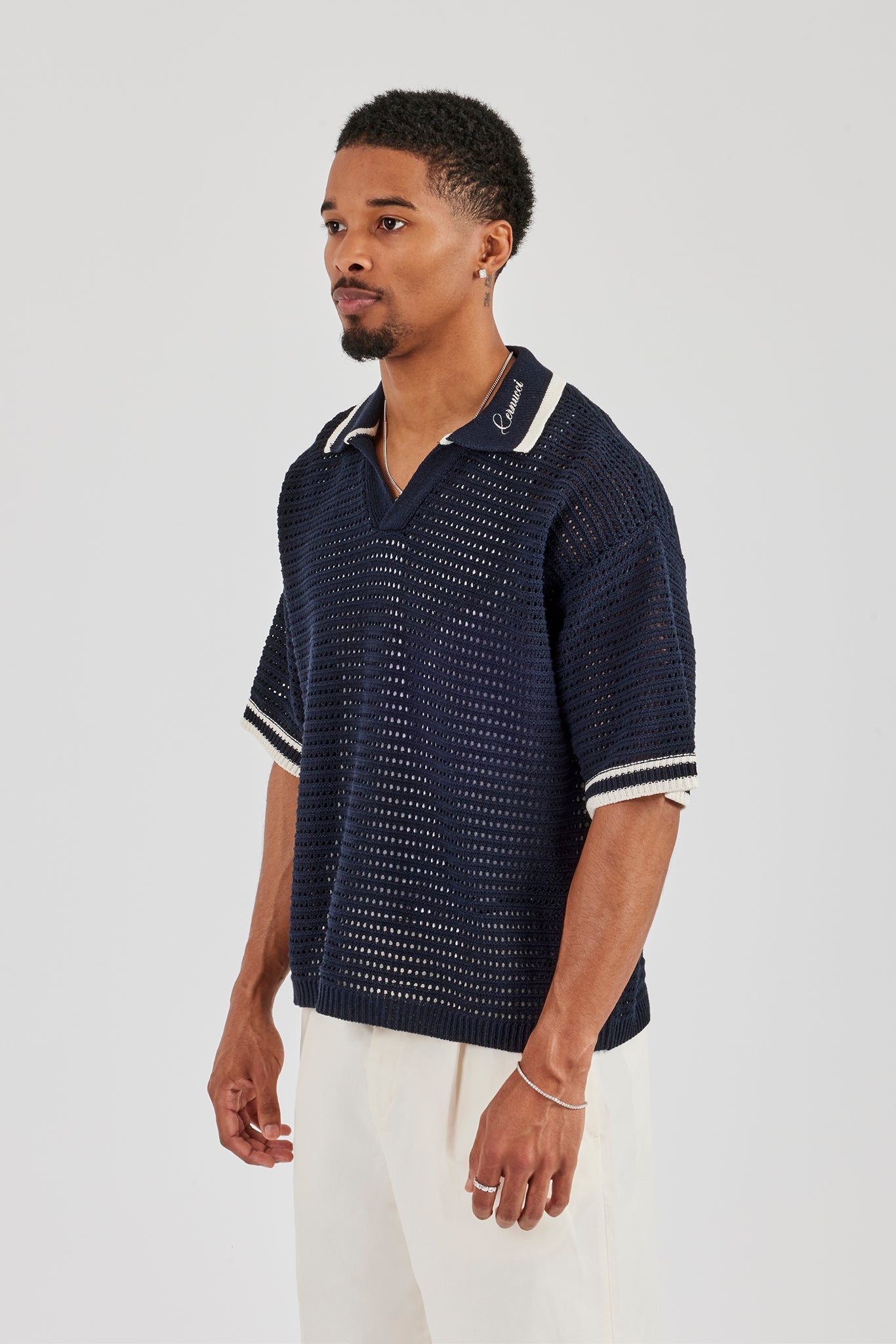 Contrast Rib Knit Polo - Navy