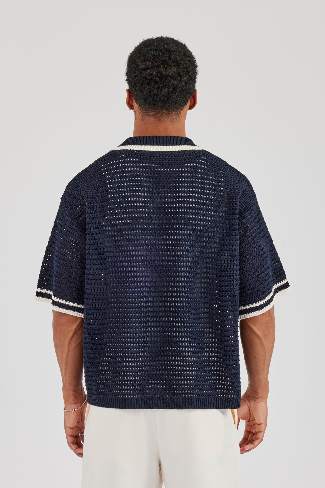 Contrast Rib Knit Polo - Navy
