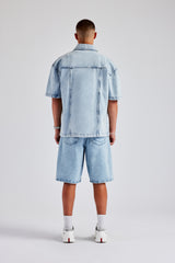 Raw Edge Applique Carpenter Denim Shirt & Bermuda Short  - Ice Blue