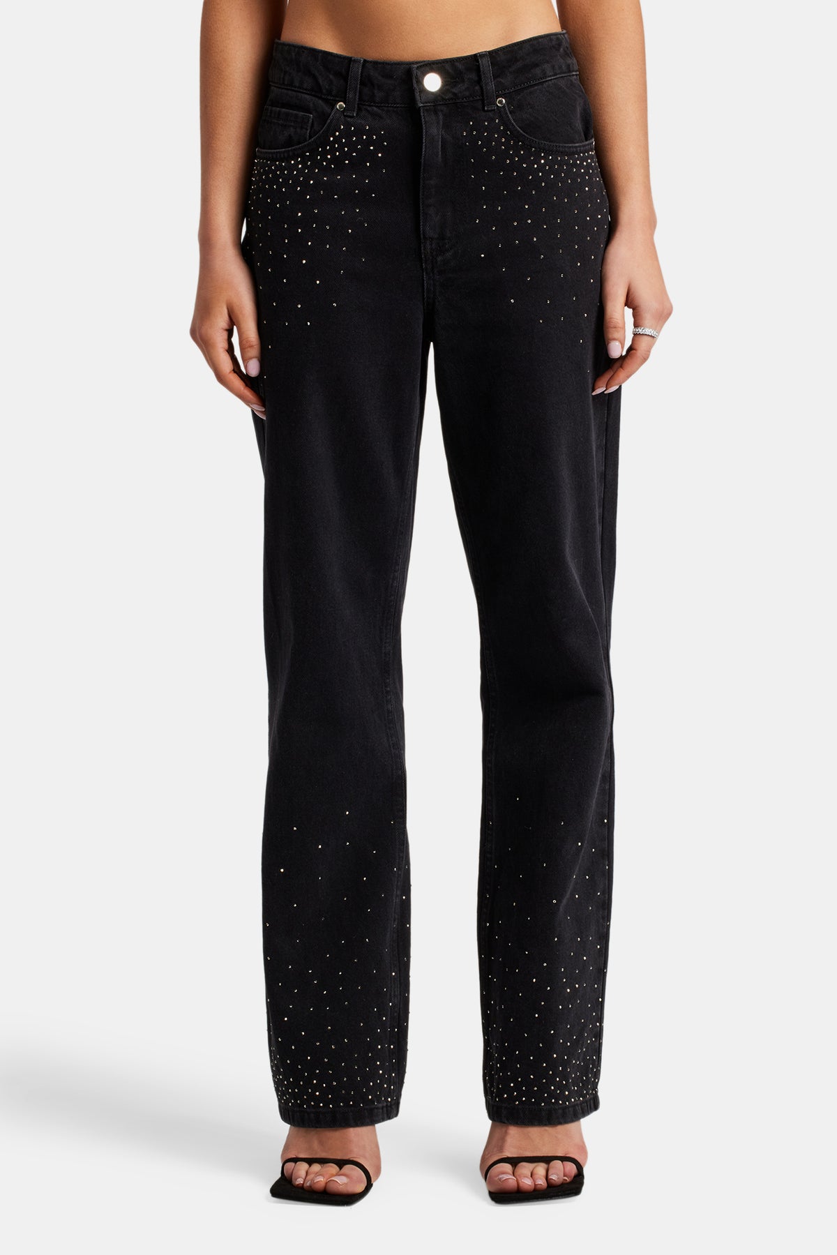Ladies Relaxed Mid Rise Rhinestone Jeans - Washed Black | Womens 