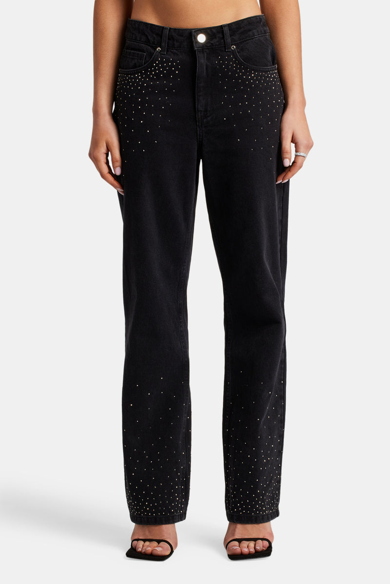 Ladies Relaxed Mid Rise Rhinestone Jeans - Washed Black