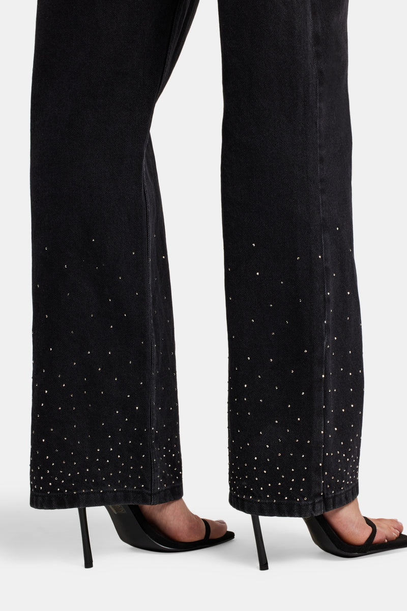 Ladies Relaxed Mid Rise Rhinestone Jeans - Washed Black