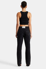 Ladies Relaxed Mid Rise Rhinestone Jeans - Washed Black