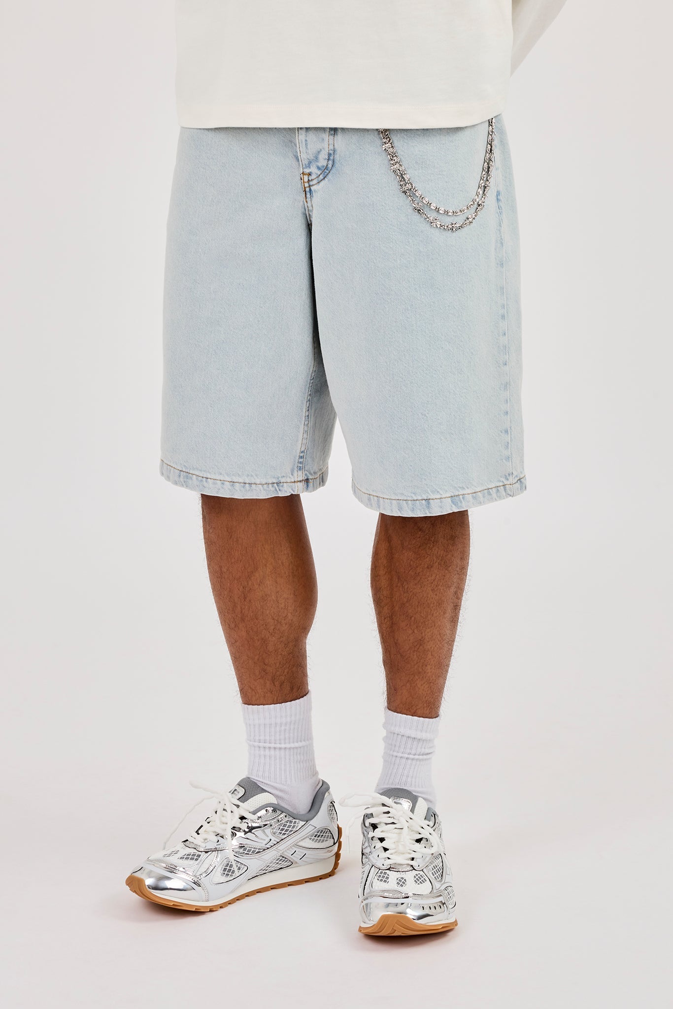 Denim Bermuda Jorts & 10mm Polished Double Layer Cross Motif Jean Chain  - Bleach Wash