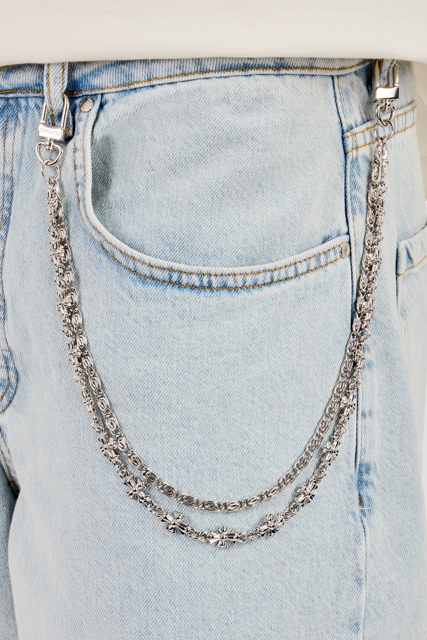 Denim Bermuda Jorts & 10mm Polished Double Layer Cross Motif Jean Chain  - Bleach Wash