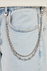 Denim Bermuda Jorts & 10mm Polished Double Layer Cross Motif Jean Chain  - Bleach Wash