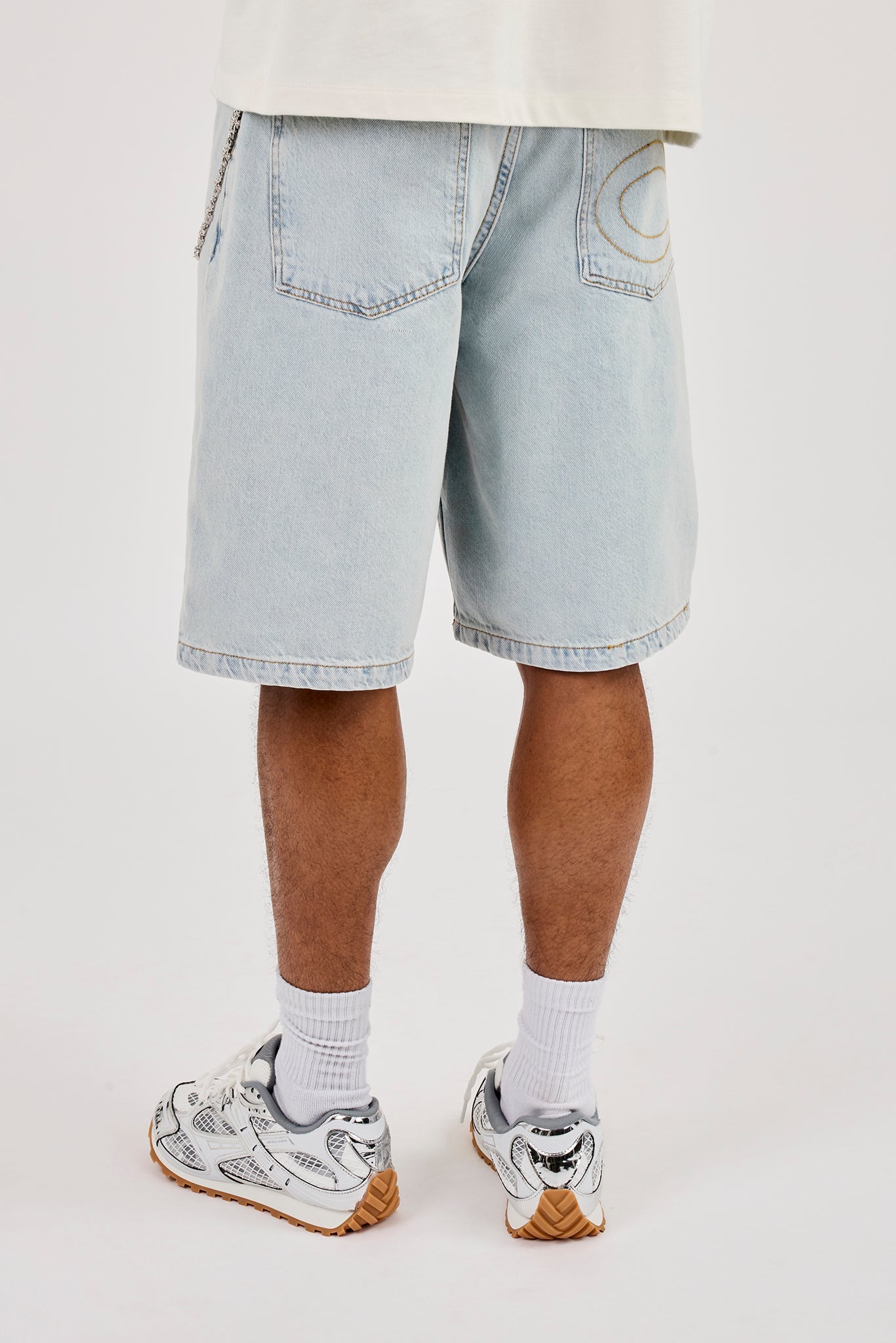Denim Bermuda Jorts & 10mm Polished Double Layer Cross Motif Jean Chain  - Bleach Wash