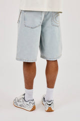 Denim Bermuda Jorts & 10mm Polished Double Layer Cross Motif Jean Chain  - Bleach Wash
