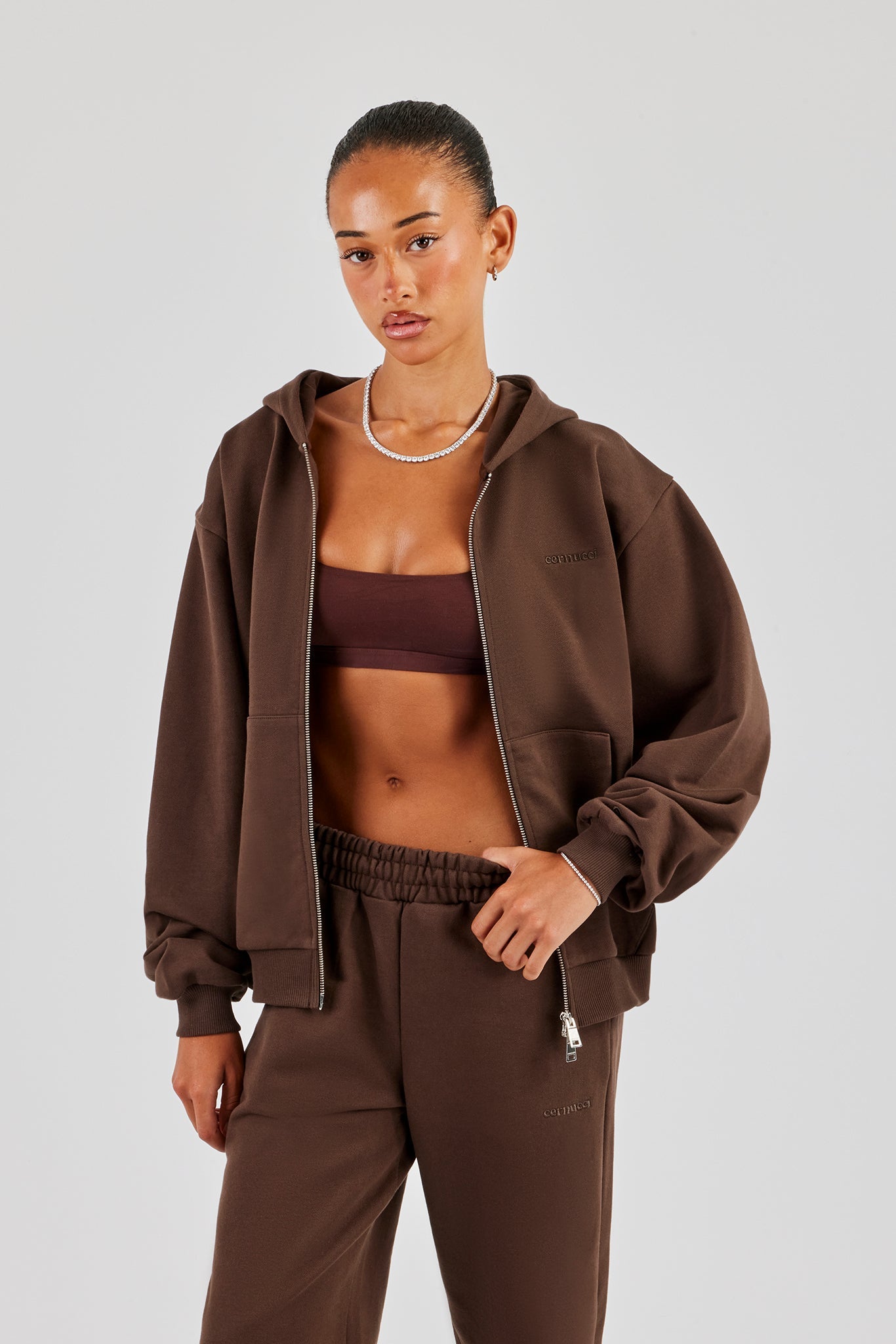 Cernucci Oversized Zip Through Hoodie - Chocolate