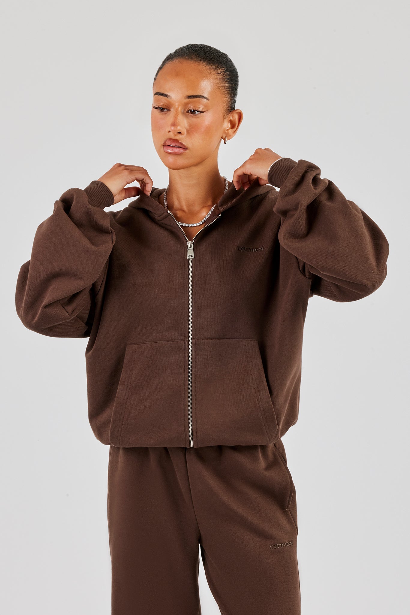 Cernucci Oversized Zip Through Hoodie - Chocolate | Womens Hoodies